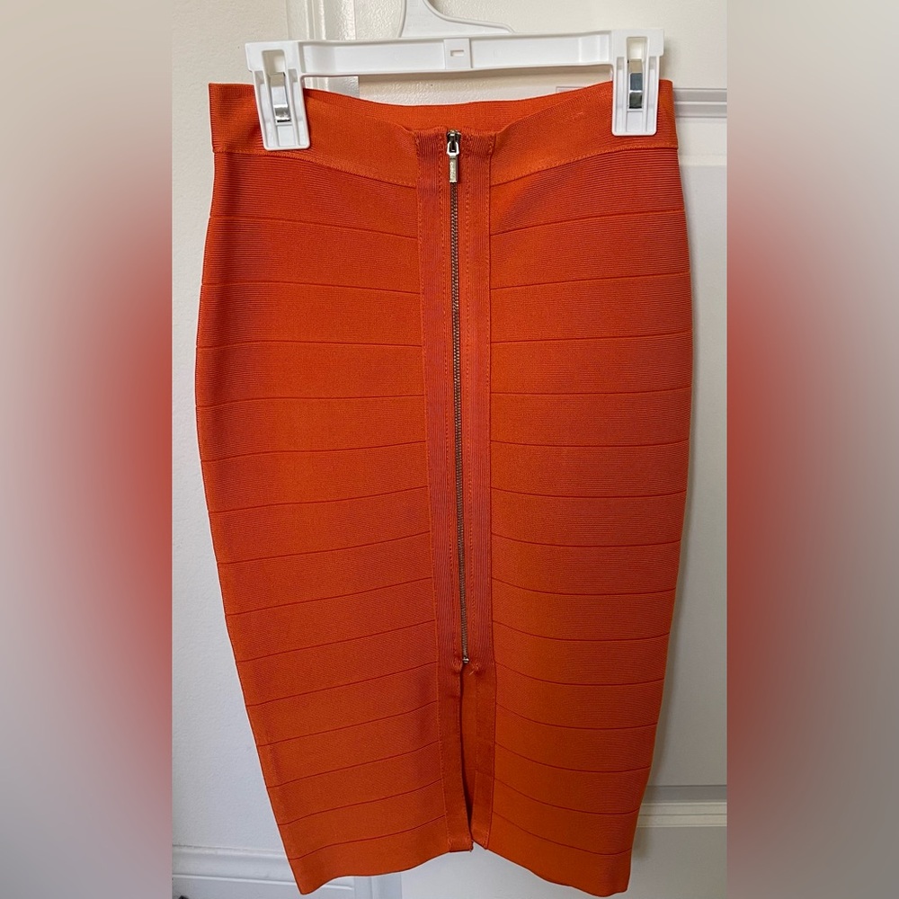 Bebe Bandage Stretchy Midi Vibrant Orange Pencil Skirt